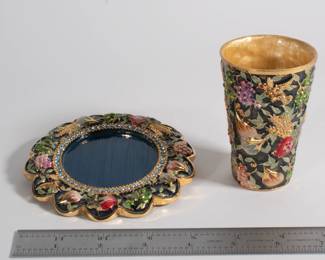 Vintage enameled jeweled gilt dish and tumbler by Original Karshi 1955