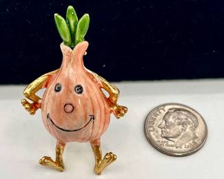 Delightful anthropomorphic smiling onion brooch, hands on hips; enameled and gold tone metal