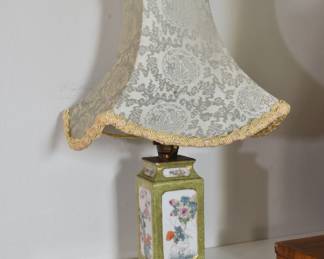 Vintage Chinese porcelain table lamp, fabric shade with dragon rondels and stylized clouds
