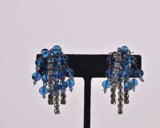 Pair of sterling silver, rhinestone, and blue glass bead earrings
