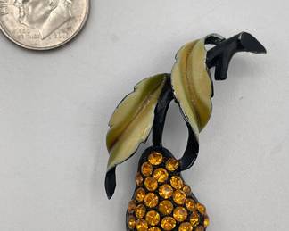Vintage J.J. Jonette pear brooch, enameled metal and pavé set amber color rhinestones