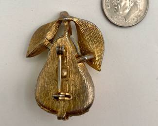 Reverse view of vintage two-toned enameled pear brooch (has matching lapel pins)