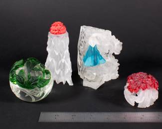 Collection of Barry Sautner art glass, three paperweights and a stoppered bottle
