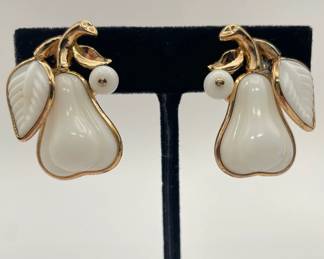 Crown Trifari pear shape milk glass earrings -  has matching bracelet