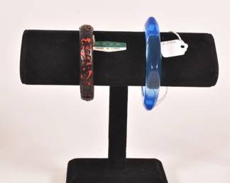 Cinnabar style carved red and black bracelet, with clear blue glass bracelet 