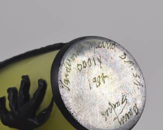 Base of Barry Sautner signed art glass cameo glass stoppered yellow bottle with black dragon design, numbered 00014