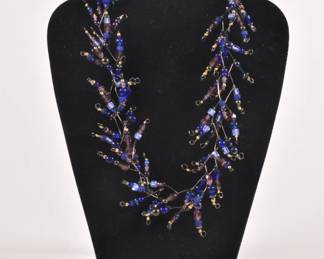 Double strand blue, green and violet glass beaded necklace
