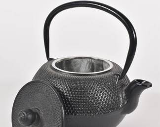 Another view of Japanese classic tetsubin cast iron teapot featuring a raised hobnail design, includes a removable stainless steel mesh strainer