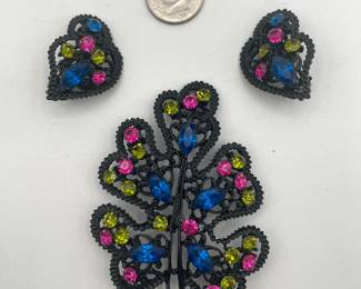 Blue, green, and pink rhinestone brooch and earrings, bright rhinestones, Japanned black setting
