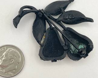 Reverse view of vintage J.J. Jonette pears brooch, enameled metal and pavé set pale green rhinestones