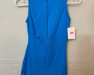 Blue one piece, zip front, lace back