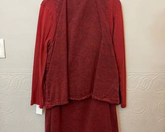 Back view of Michael Leu two-piece long sleeve dress with button front pocketed loose vest