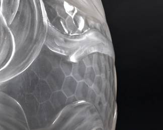 Another closeup of TIFFANY STUDIOS fine wheel-carved vase. Rare rock crystal glass vase with magnolias, New York, ca. 1906; wheel-carved and martelé texturing; etched L.C. Tiffany - Favrile, and numbers 4238A and 7208; size 9 1/2" x 4 1/4"