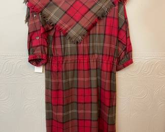 Back view of 100% wool red plaid dress with matching belt and scarf/cape top, size 12, made in Hong Kong