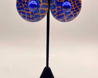 Round glass earrings, vivid cobalt blue and bronze coloring