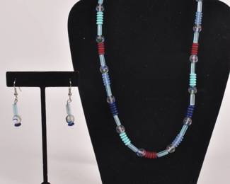 Art glass beaded necklace with matching earrings, by Toba