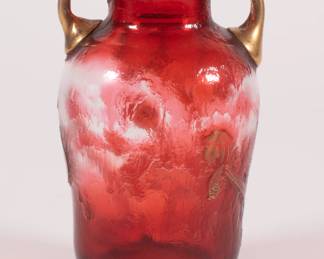 Another view of Émile Gallé Nancy signed art glass vase, brilliant red color with poppy design, gilded twin handles on shoulder, the flowers delicately outlined&nbsp;&nbsp;