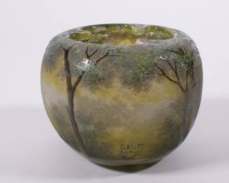 Daum Nancy cameo glass vase with a forest view, signed