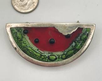 Sterling silver and glass watermelon brooch