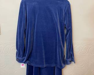Back view of Appleseed's blue velour long sleeved button front top with matching skirt, size M