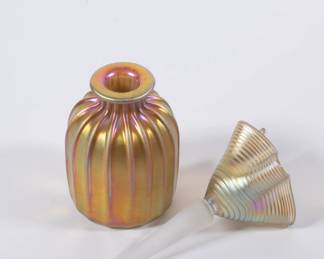 Another view of vintage Correia ribbed gold Aurene art glass perfume bottle with a striped Aurene handkerchief-shaped stopper; etched with the artist's signature and production number PBRFG 58477