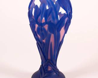 Barry Sautner American art glass vase, a phenomenal cameo glass carving of blue iris carved to show pink inner glass, signed  1985 "Blue Flags" #1