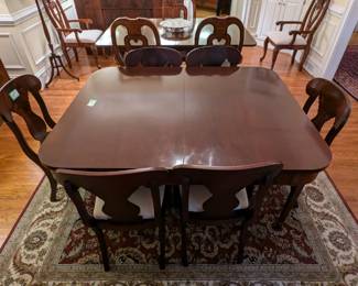 1930's inlaid mahogany, by Biggs Furn. Co. (with pair of 18" leaves and protective pads) and set of 6 matching side chairs.
