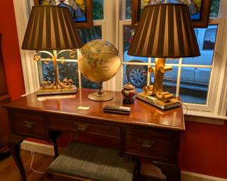 Vintage mahogany ladies desk, by Biggs Furn. Co. (Richmond, VA) and matching upholstered bench, pair of contemporary 2-light table lamps and another lovely pair of stained glass panels.