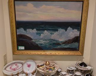 Nicely framed vintage original oil on canvas seascape, artist signed with great gilt wood frame, Herend porcelain collection and designer Czech porcelain tea service for 6, from Thun Studio "Eva", by Lastovicka.