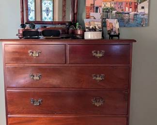 Vintage 6-drawer mahogany chest, by Biggs Furn. Co., antique English mahogany men's shaving mirror, antique English mahogany men's shaving mirror and two large, three small original oil on boards, by listed Russian artist, Dmitriy Proshkin.