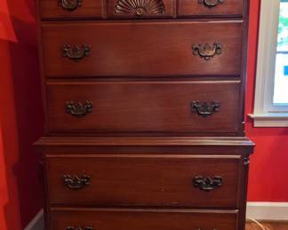 Vintage mahogany 5-drawer dresser, by Ethan Allen,  vintage mahogany 2-drawer shaving mirror, by Biggs Furn. Co. and vintage globe on stand.