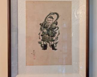 Nicely shadowboxed signed Asian warrior art.