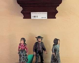 Pair of wooden wall sconces, with vintage lead Amish family.