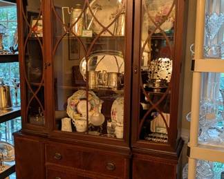 1930's flame mahogany china cabinet, w/mullioned doors, by Biggs Furn. Co., Richmond, VA.