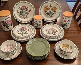44-piece set Portmeirion "Botanic Garden" china, 1972-, + set/6 Skyros Designs green dessert plates, Portugal.