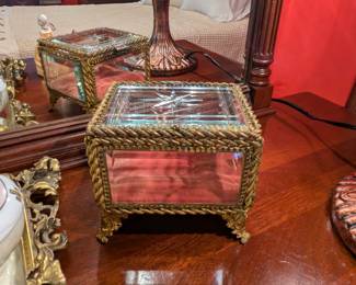 Antique brass/beveled glass jewelry casket.