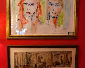 Nicely framed original watercolor, by Atlanta artist, Dianna Fitzgerald, "Two Sisters" and framed original pen/watercolor of metropolitan city.