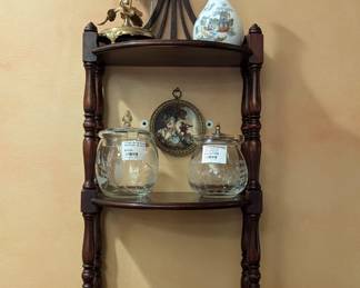 Vintage mahogany two-tier wall shelf, w/copper lined planter, cut crystal marmalade jars, Royal Doulton bone china vase and sweet Della Robbia plaque.  