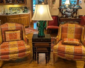Nice pair of upholstered bergere chairs, set/3 nested "book" tables and vintage Frederick Cooper By Wildwood Green Banana Leaf Ceramic Table Lamp, w/shade, finial. 