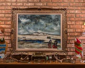 Vintage hand-painted oil on canvas, by listed French artist, Roger Escudie 1920-1990, pair of candlestick lamps, pair of Murano glass fish on acrylic bases, deer antlers and great collection of vintage/antique English brass miniatures.