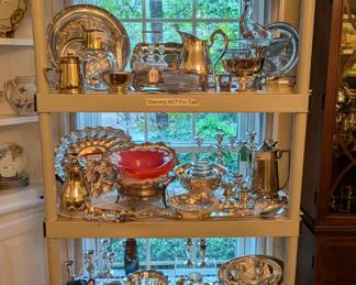 Dining room, with nice collection of silver plated holloware, some sterling pieces as well.