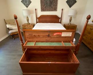 Antique maple four poster bed. Queen Serta Sleep number bed. Antique Lane Cedar Chest.