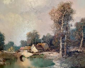 Original Oil on Canvas by WILLI BAUER German Impressionist Untitled Scenic Landscape Cottage on River