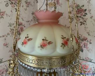 Antique Electrified Hanging Parlor Lamp with Burmese Glass Shade