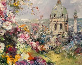 Signed Original Oil on Canvas Heavy Textured Impasto Garden Scene