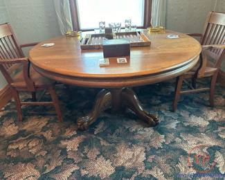 Antique Quarter Sawn Round Table with Paw and Ball Feet from Hotel in Dennison Iowa