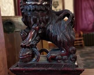 19th Century Carved Japanese Hardwood Buddhist Lion/Foo Dog Sculpture on Pedestal