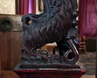 19th Century Carved Japanese Hardwood Buddhist Lion/Foo Dog Sculpture on Pedestal