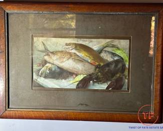 Victorian Fish & Lobster Game Color Lithograph