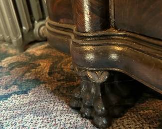 Early 1900's American Quarter Sawn Oak Veneer Triple Bow Front China Cabinet with Paw Feet